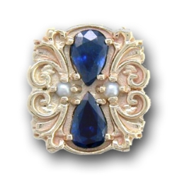 N607 14K PEAR SHAPE SAPPHIRE & PEARL SLIDE WITH FLEUR DE LIS DETAIL 